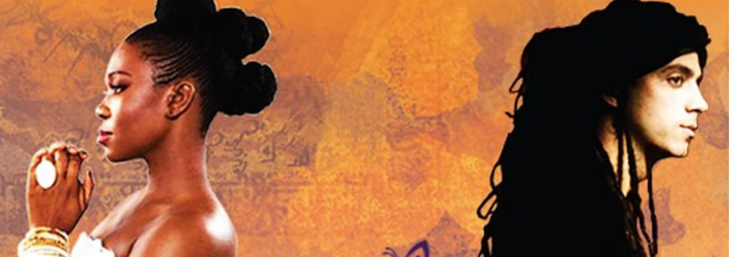 Profile portraits of singers India.Arie and Idan Raichel facing opposite directions against a textured orange background.