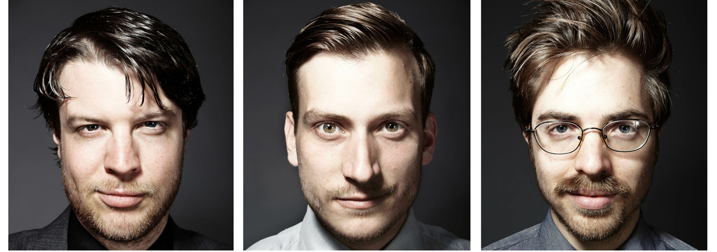 Three side-by-side close-up portraits of the members of Brandt Brauer Frick against dark gray backgrounds.