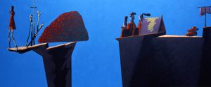 Two groups of people stand on separate cliffs divided by a gap; one side is near a red mound, the other has tents and stacked objects, all set against a blue background.