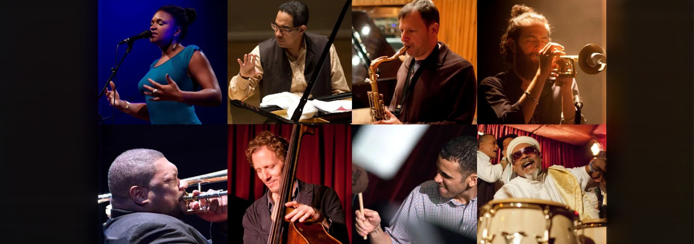 A collage showcasing a diverse group of musicians deeply engaged in performing at a jazz 100 concert, each illustrating the passion and focus characteristic of live jazz performances.