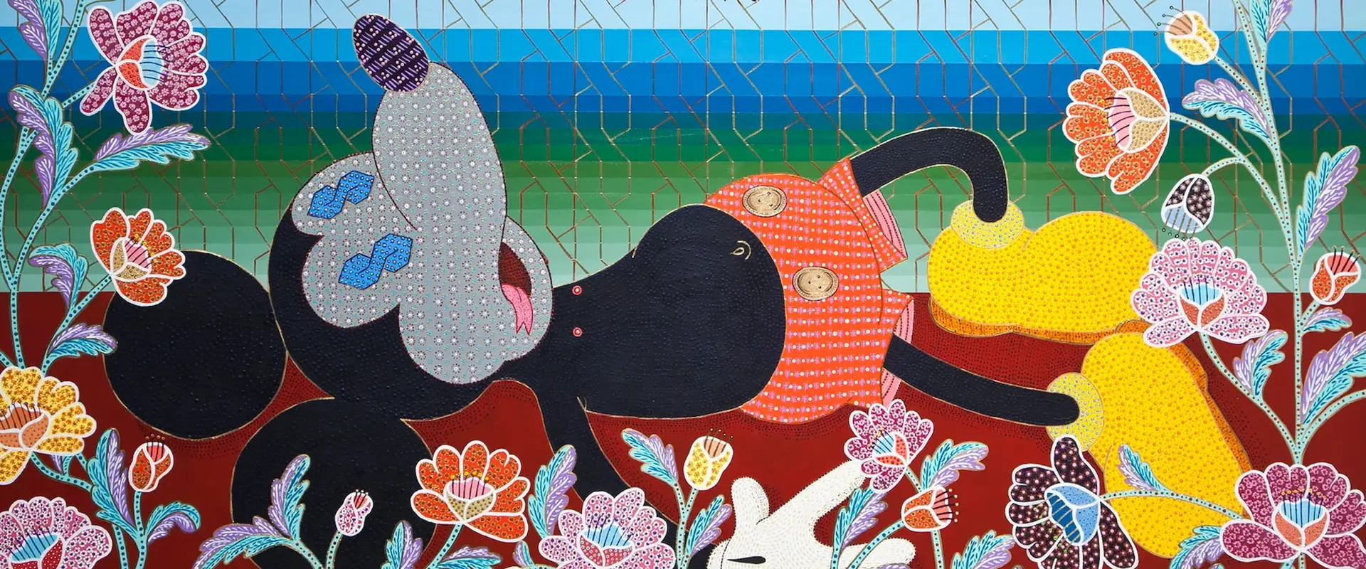 Stylized cartoon Mickey Mouse with patterns lies among flowers on striped and gridded background.