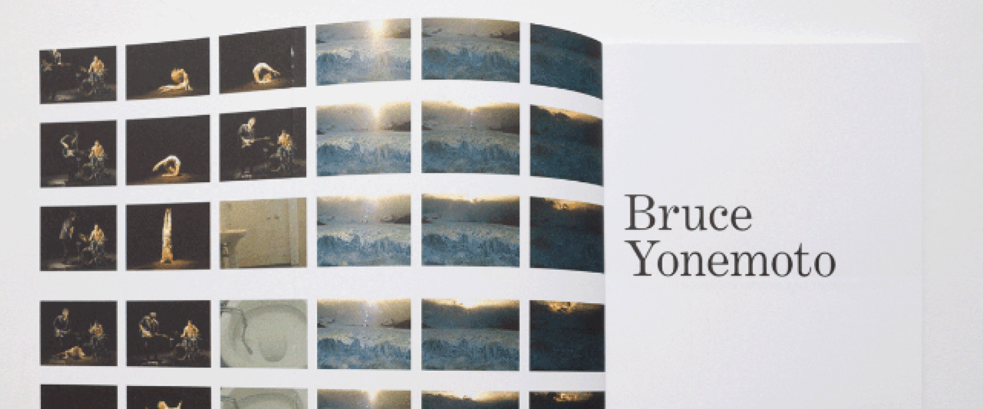 Open book displaying a grid of film stills on the left page and the name "Bruce Yonemoto" in large text on the right page.