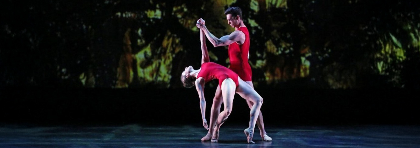 Two dancers in a graceful pose on stage, exhibiting the beauty of contemporary dance against a projected backdrop.