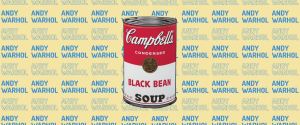A Campbell’s Black Bean Soup can on a yellow background with repeated blue “ANDY WARHOL” text.