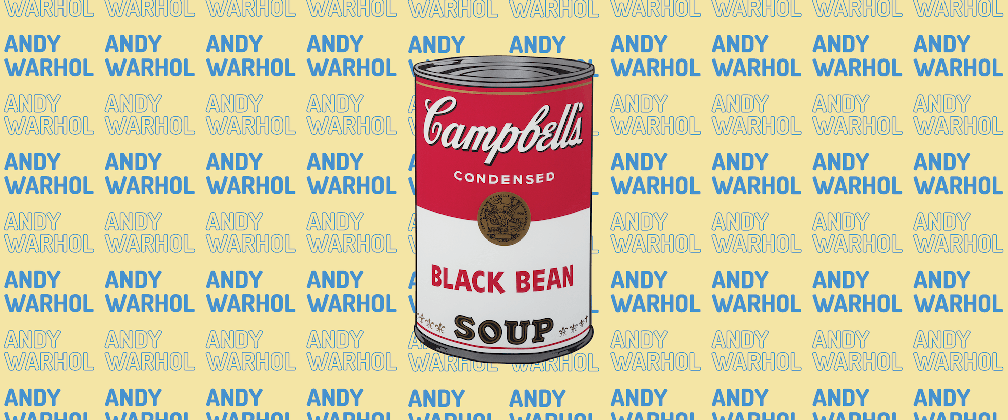 A Campbell’s Black Bean Soup can on a yellow background with repeated blue “ANDY WARHOL” text.