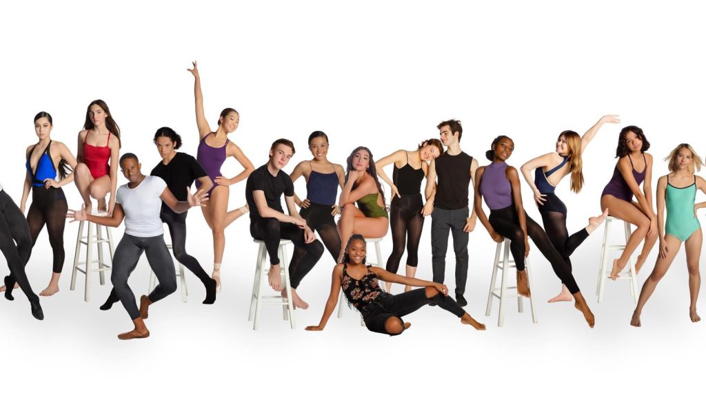 A diverse ensemble of dancers showcasing various poses and outfits on a white background.
