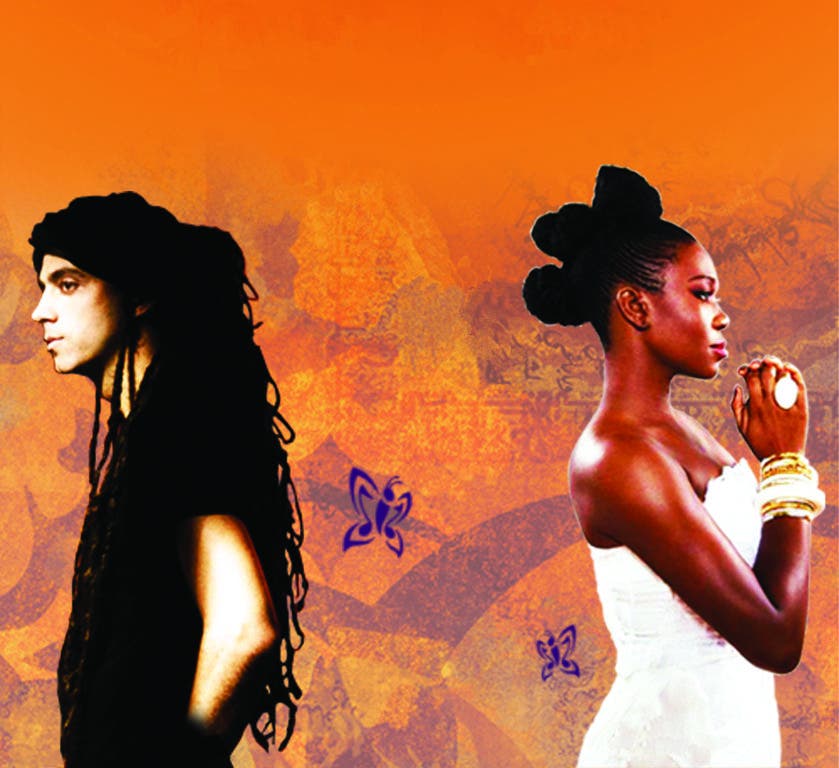 Two individuals in profile against an orange backdrop with ornate patterns and butterflies, embodying a fusion of cultural aesthetics.