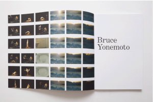A brochure featuring a collection of images and works by bruce yonemoto, displayed in a grid pattern across an open fold-out page.