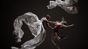Dancers in dynamic motion, their forms and the airborne fabric creating a striking visual symphony against a dark backdrop.