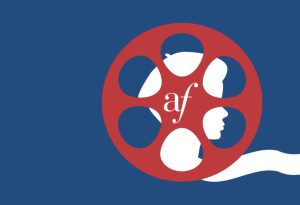 A stylized film reel with a white quill pen and profiles of faces within its openings, set against a deep blue background, featuring the lowercase letters 'a' and 'f' at the center.
