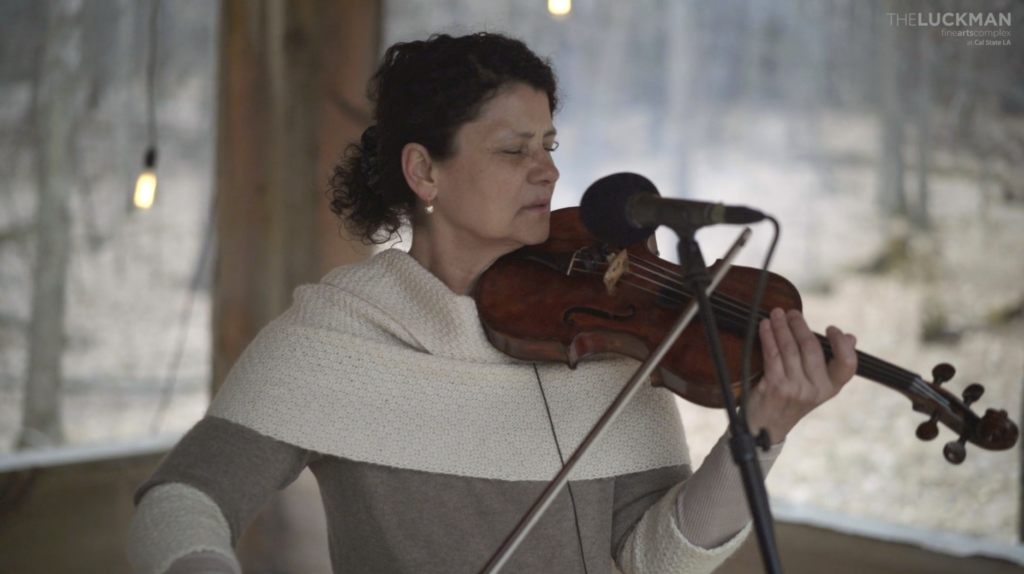A violinist immersed in her music against a backdrop of serene wintry woods.