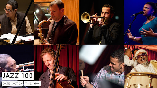 A collage showcasing a diverse group of musicians deeply engaged in performing at a jazz 100 concert, each illustrating the passion and focus characteristic of live jazz performances.