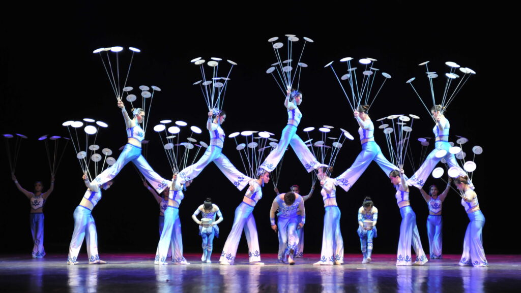 A group of acrobats in synchrony, effortlessly balancing an intricate arrangement of long stems topped with plates, showcasing flexibility, coordination, and concentration under the glow of the stage lights.