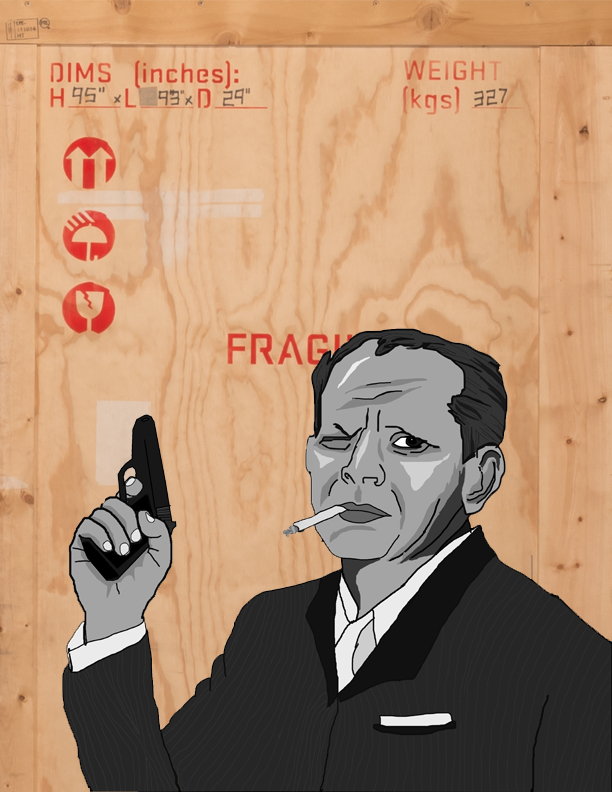 Illustration of a man in a suit holding a handgun and a cigarette in his mouth, standing in front of a wooden crate marked "FRAGILE" and a broken glass symbol.