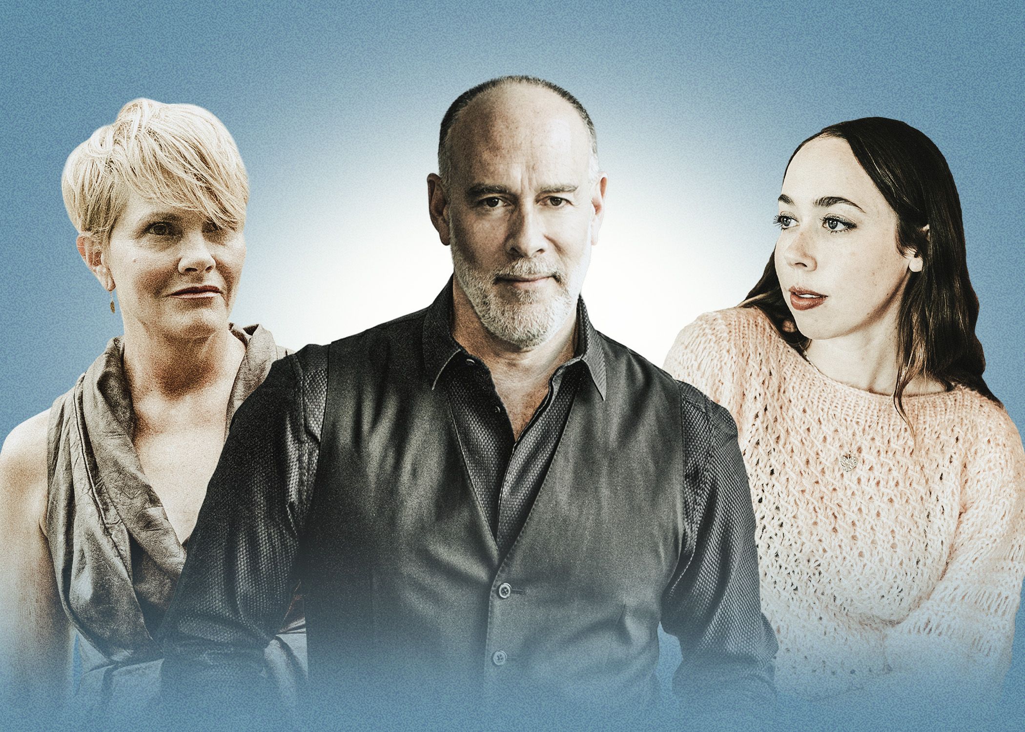 Shawn Colvin, Marc Cohn, Sara Jarosz against a blue gradient background, portraying a range of emotions and styles.