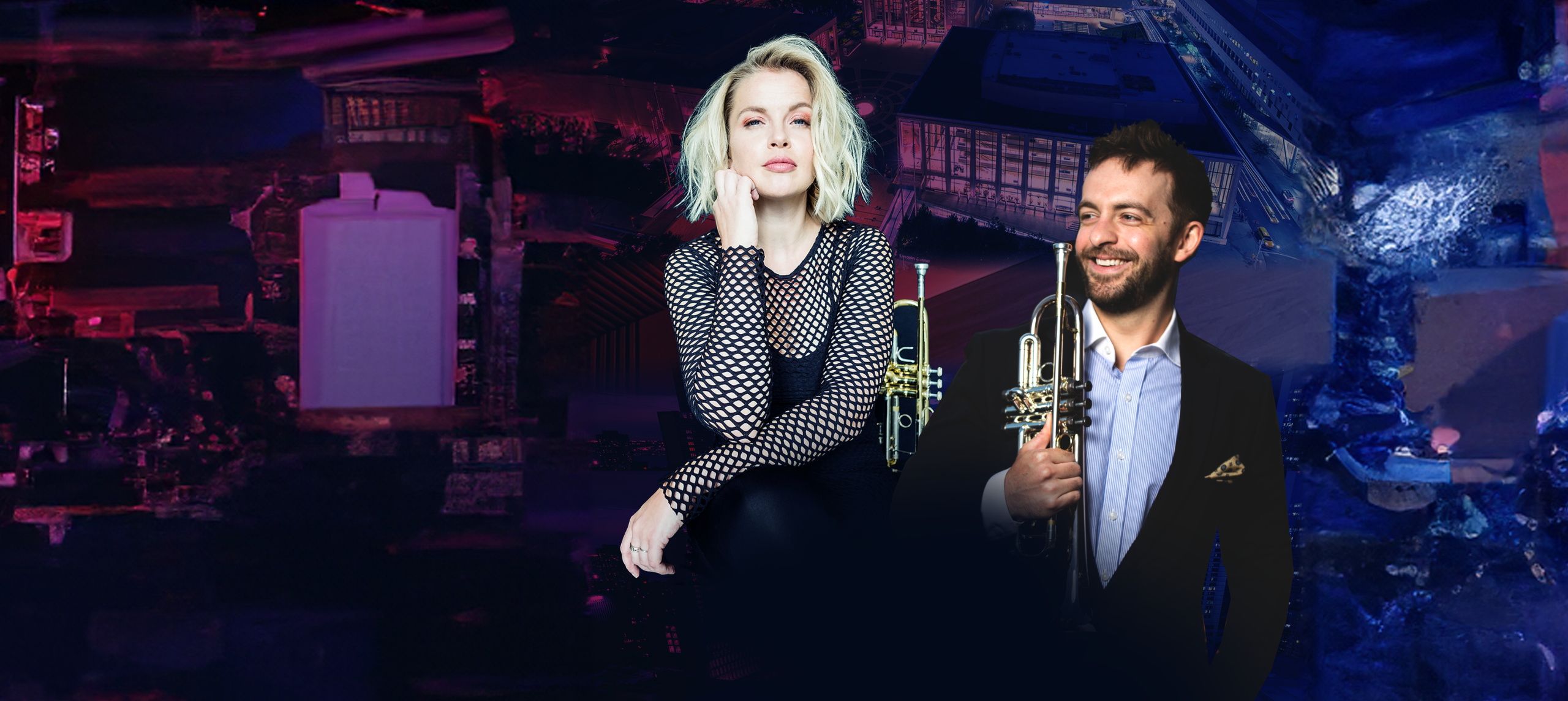 A stylish bria skonberg in a houndstooth outfit posing pensively next to a smiling Benny Benack III holding a trumpet, both set against an abstract, neon-lit background suggestive of a vibrant nightlife