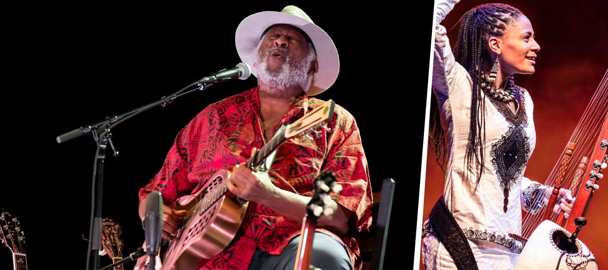 Taj Mahal singing with head held upwards and Sona Jobarteh holding an instrument in one arm and other arm in air.