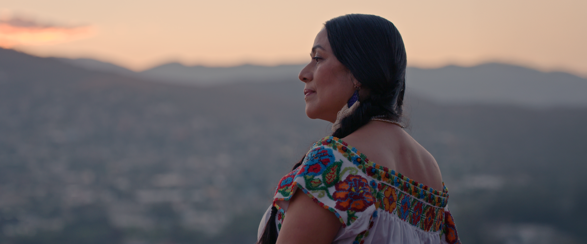 Lila Downs, long dark hair, wearing an embroidered traditional top, looks thoughtfully into the distance. She stands in front of a scenic, mountainous landscape during sunset.