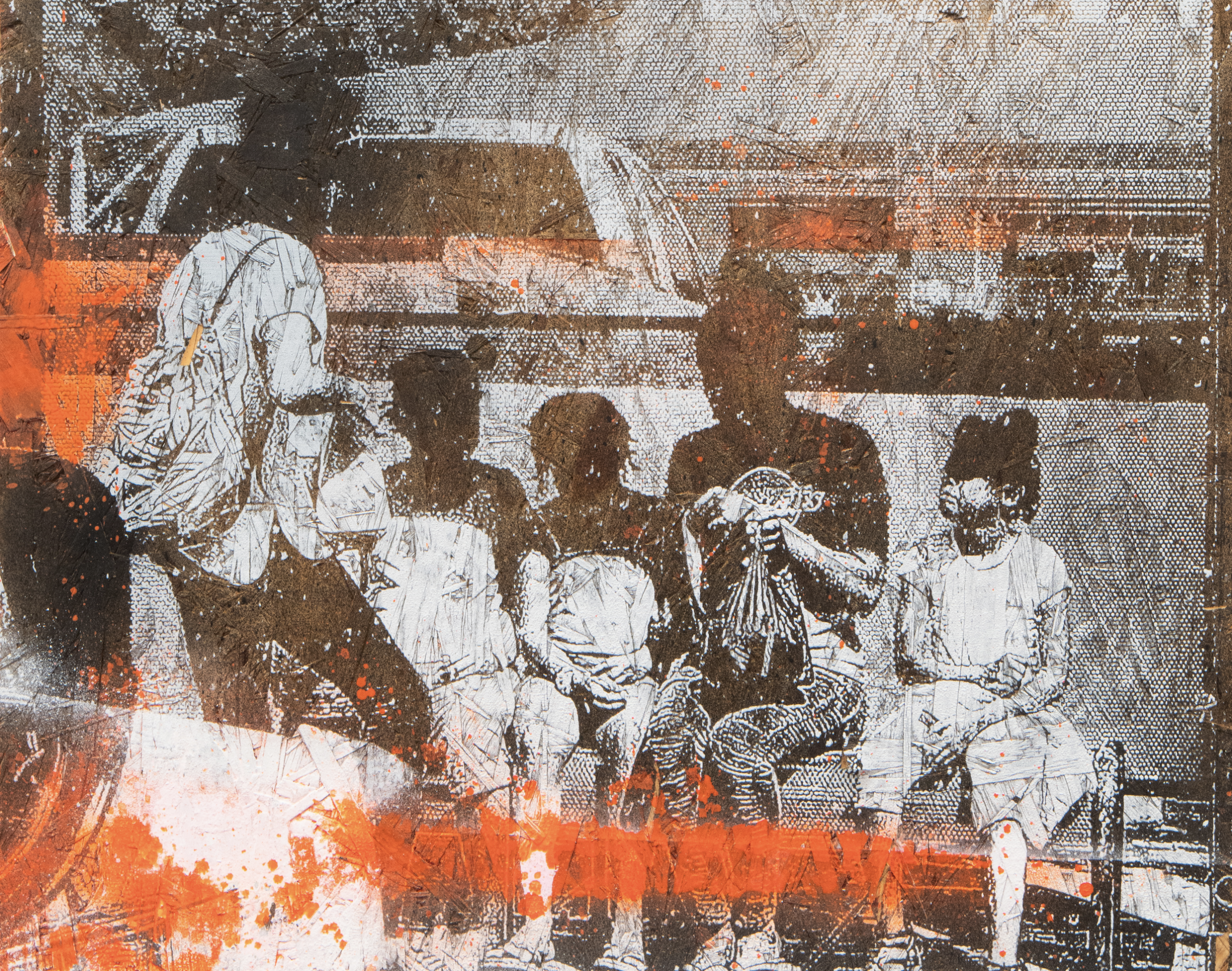 Artwork of five people sitting on a bench outdoors with an old car behind them.