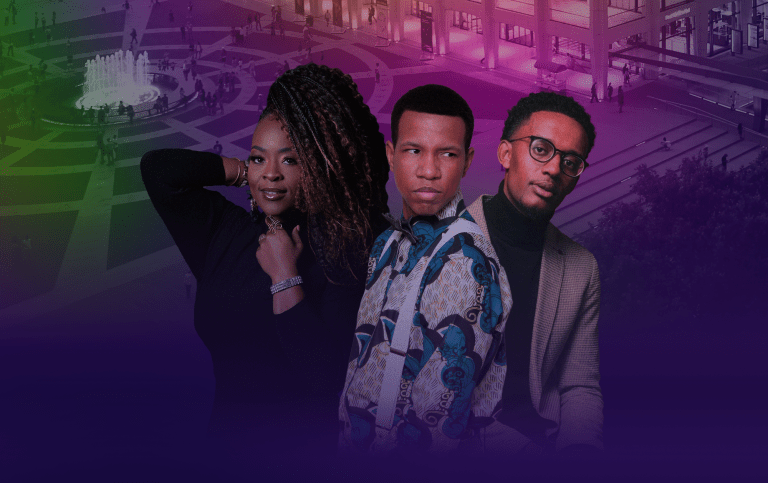 New Orleans Songbook consisting three individuals are posed against a backdrop of a stylized cityscape with a gradient of green to purple lighting. From left to right, Quiana Lynell with long braided hair, Milton Suggs in a patterned shirt, and Luther S. Allison with glasses and a turtleneck sweater.