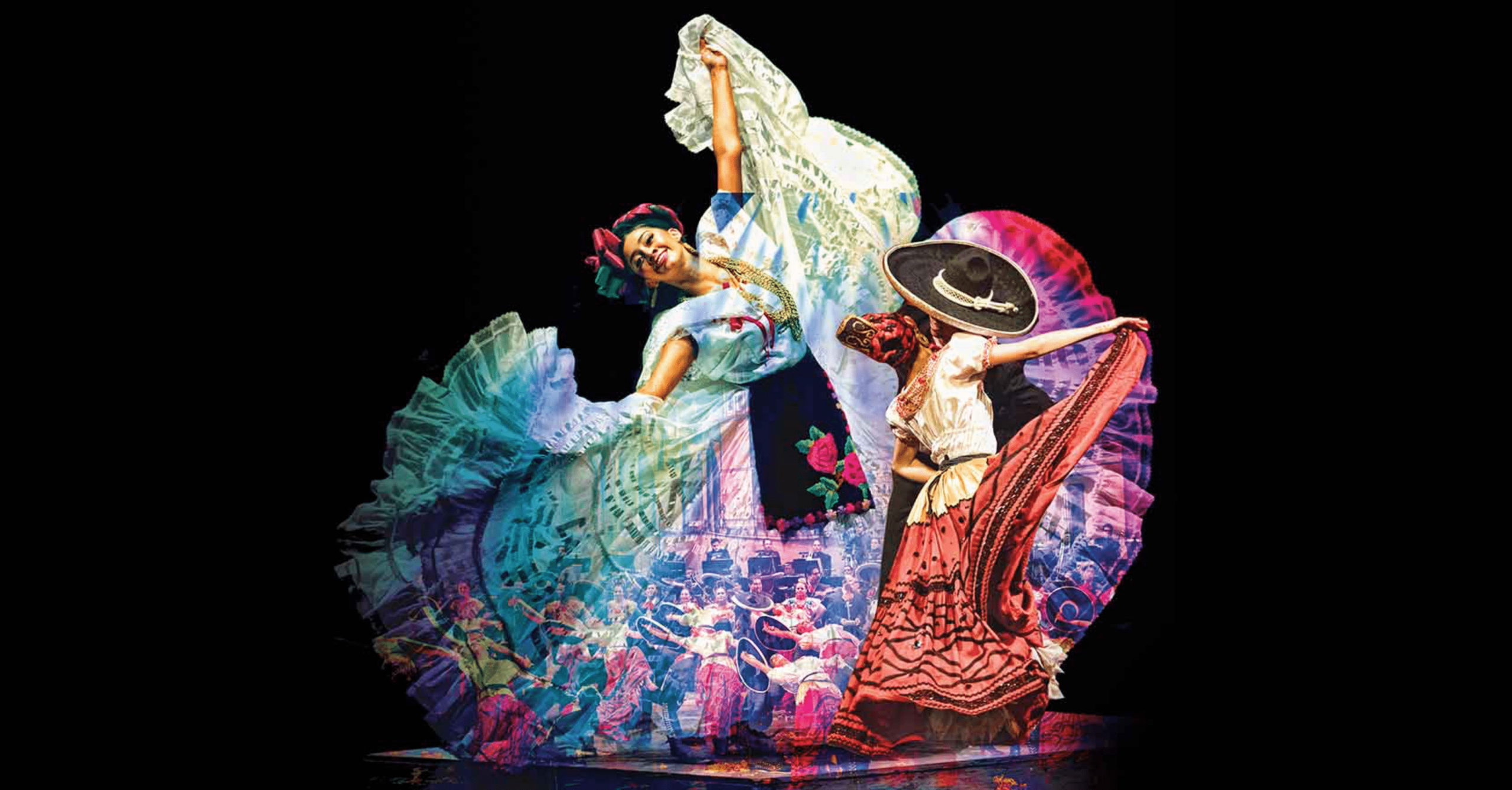Two Ballet Folklorico dancers in vibrant traditional Mexican attire perform on stage.