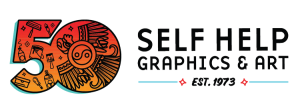 50th anniversary logo for Self Help Graphics & Art featuring a stylized number '50' with intricate, colorful Aztec-inspired designs. The text 'SELF HELP GRAPHICS & ART' is on the right, with 'EST. 1973' below.