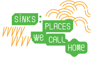 A graphic featuring stylized green text that reads "Sinks: Places We Call Home." Orange abstract lines and curves surround the text, adding a decorative element to the design.