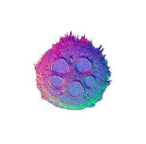 A vibrant, abstract 3D shape with spikes and a circular form. The image features a mix of neon pink, purple, blue, and green hues, creating a textured appearance on a white background.