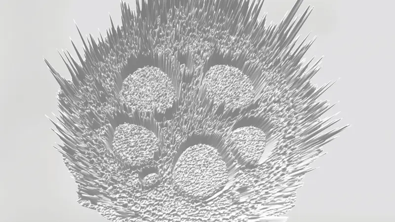 A 3D graphic of a greyscale microscopic element.