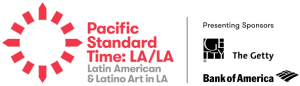 Logo for "Pacific Standard Time: LA/LA Latin American & Latino Art in LA," featuring a red sunburst graphic and text in black and gray.
