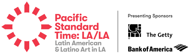 Logo for "Pacific Standard Time: LA/LA Latin American & Latino Art in LA," featuring a red sunburst graphic and text in black and gray.