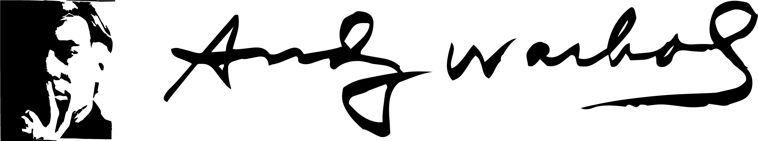 Black and white graphic featuring a stylized portrait on the left and "Andy Warhol" written in large cursive script across the image.