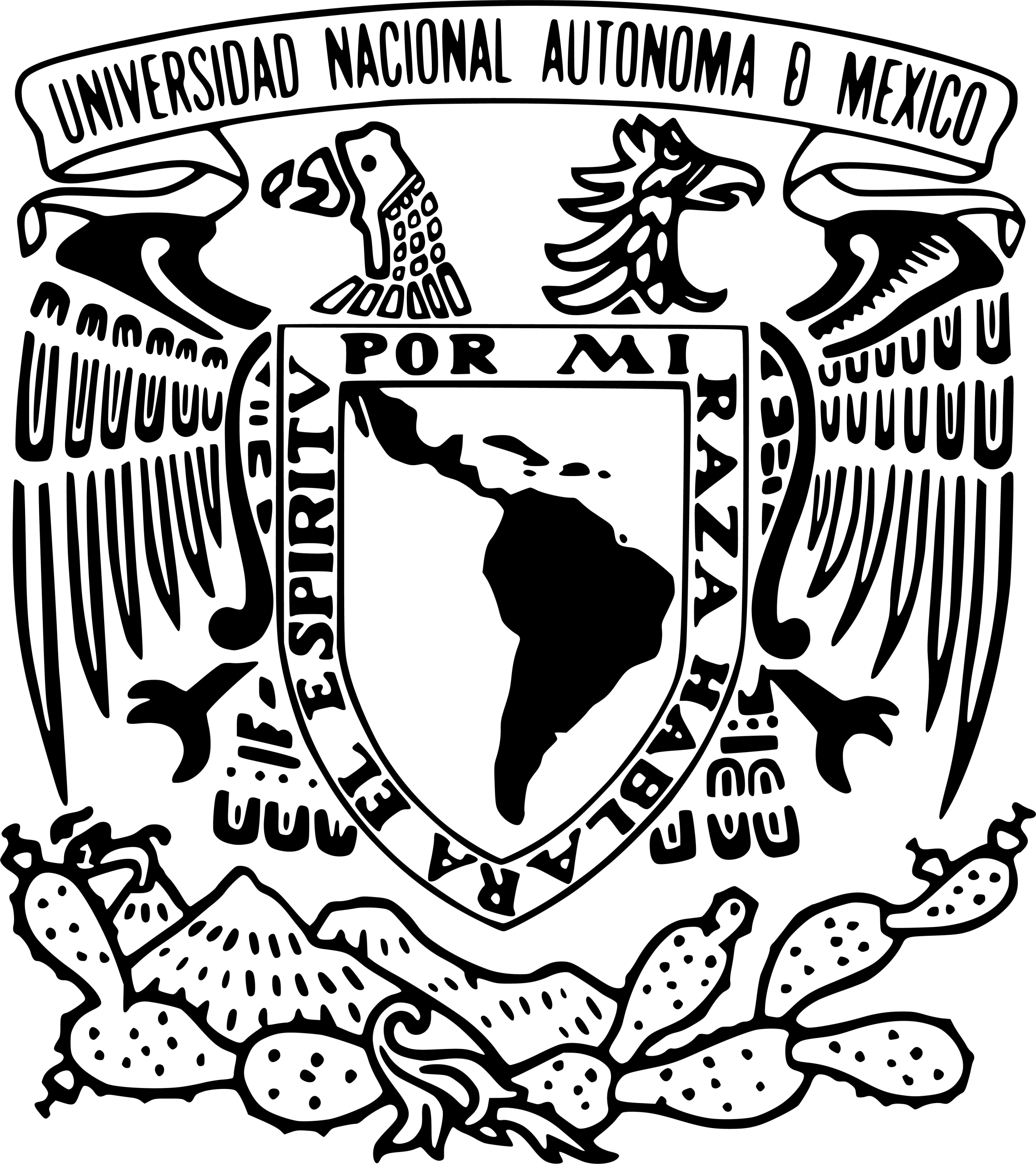 Black and white illustration of the UNAM emblem showing an eagle with a shield depicting Latin America, surrounded by a banner and cactus with the words “Por mi raza hablará el espíritu.”.
