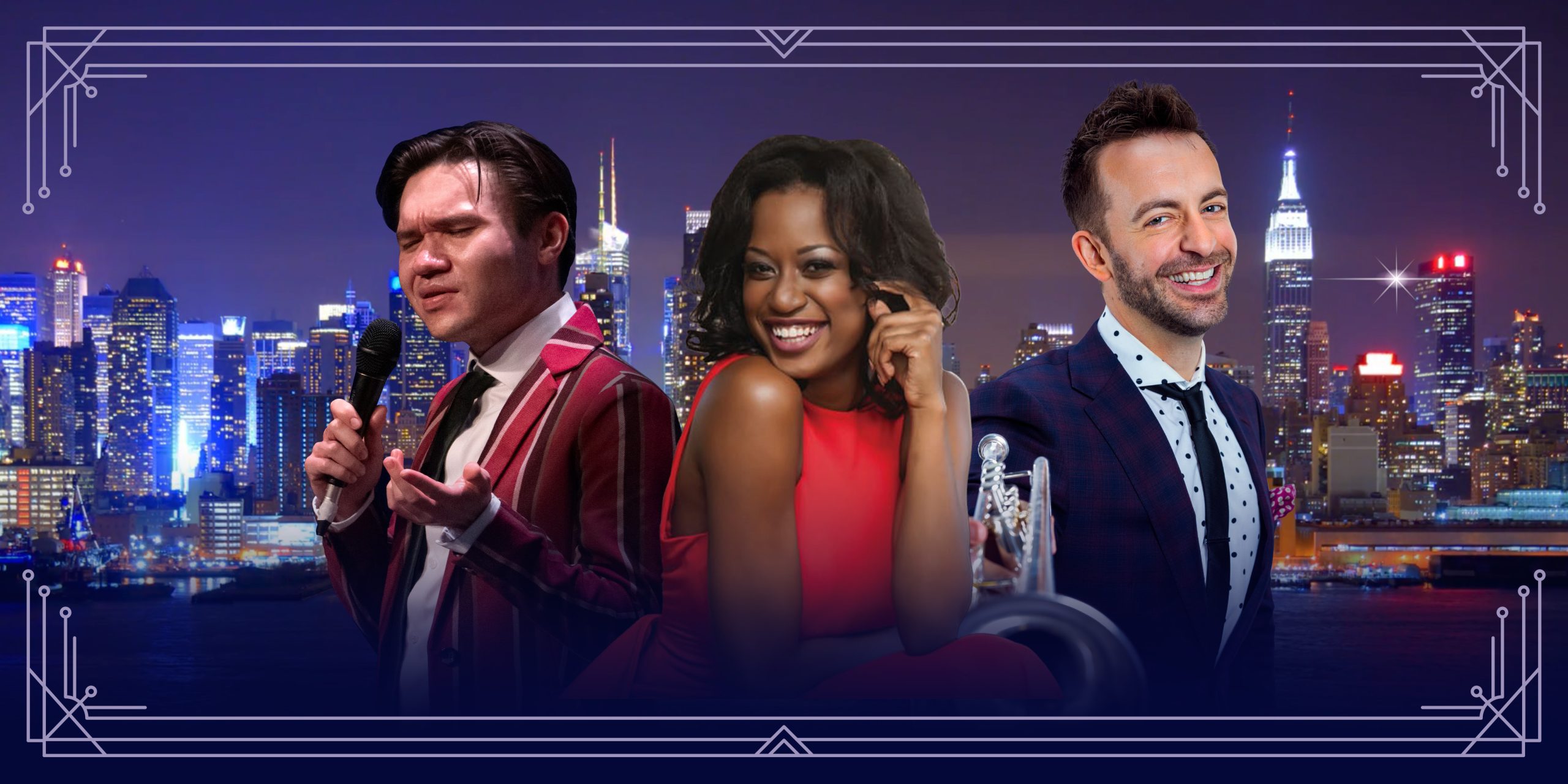 Three well-dressed people pose in front of a city skyline at night; one holds a microphone, one smiles with a hand on her chin, and one holds a trumpet.