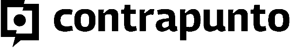 Black "contrapunto" text in lowercase next to a square speech bubble logo containing a dot, on a light gray background.