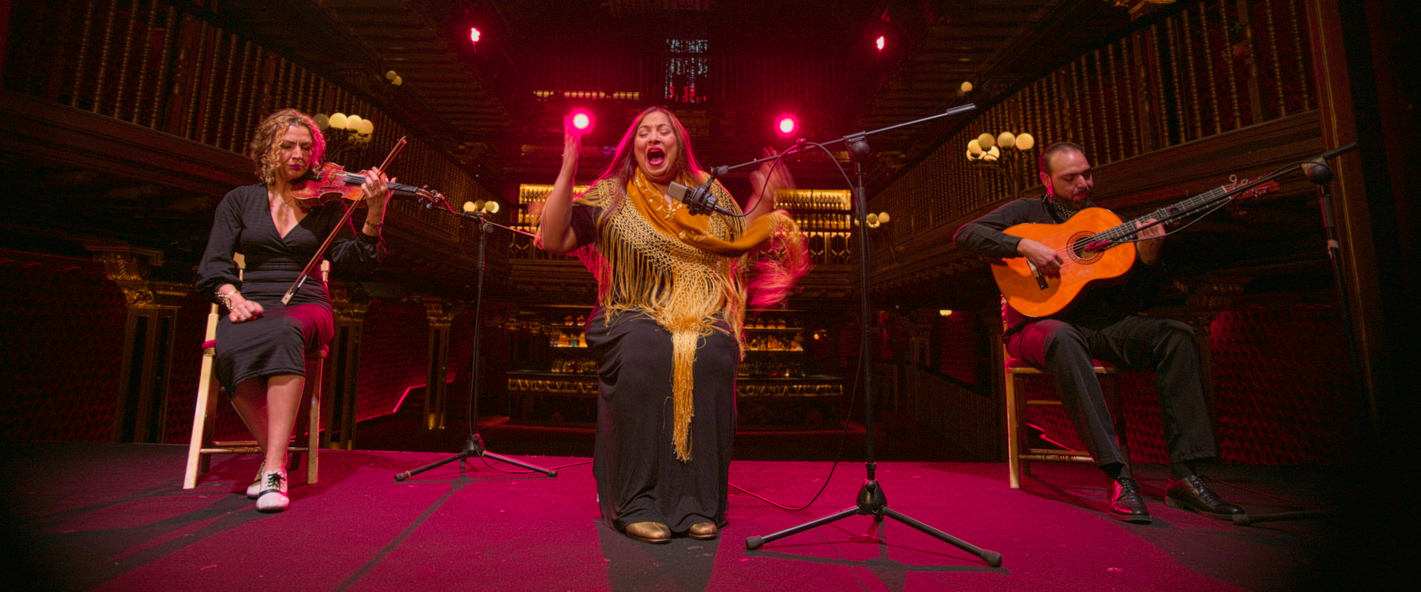 Three musicians perform on stage: a violinist, a singer with a shawl, and a guitarist, under red stage lighting in an ornate theater.