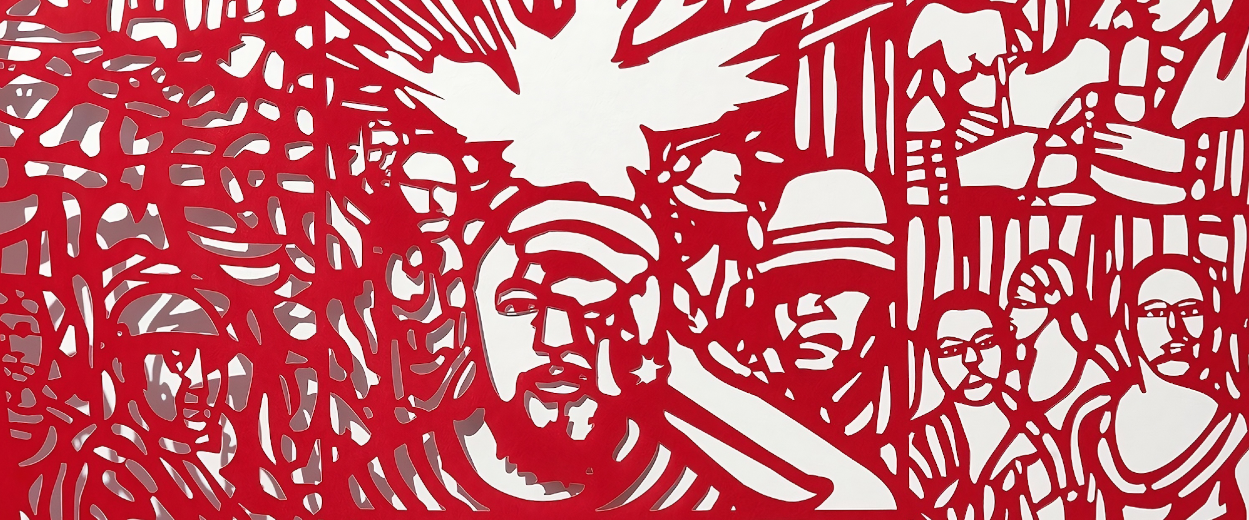 Red cut-out artwork depicts multiple abstract faces and figures with a burst shape at the top center, set against a white background.