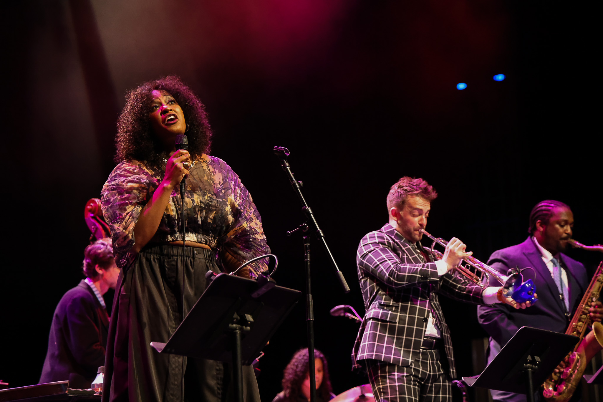 A jazz band performs on stage; a woman sings into a microphone while musicians play trumpet, saxophone, and double bass beside her under stage lights.