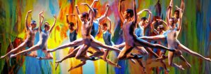 The dancers, a mix of men and women, are suspended in the air in powerful grand jeté split leaps across the stage.