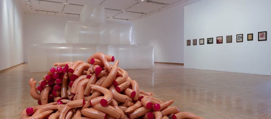 A contemporary art installation featuring a pile of sculptures resembling pink appendages in the foreground, with semi-transparent structures and framed artworks on the wall in the background, within a gallery space.