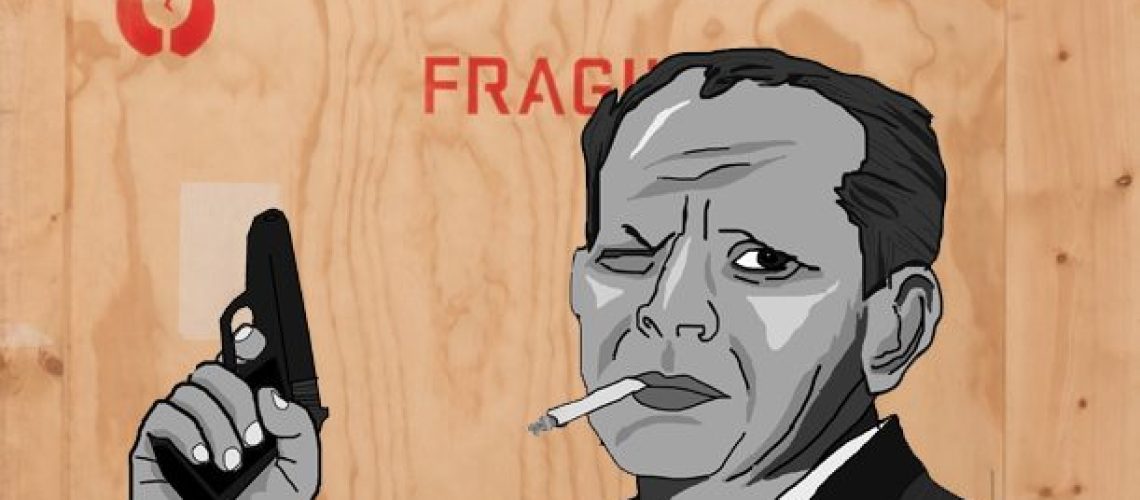 Illustration of a stern-faced man holding a flip phone with a lit cigarette in his mouth, with a "fragile" label visible in the background.